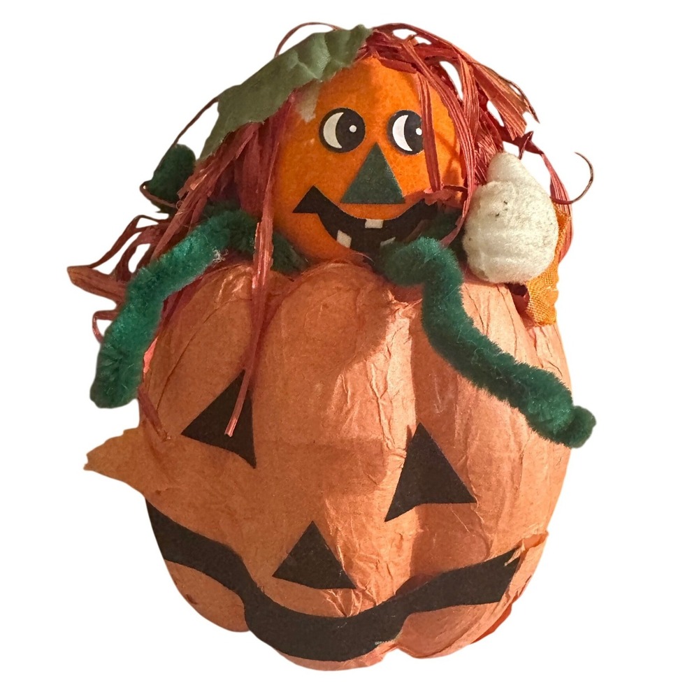 Vintage Halloween Paper Mache Jack O Lantern Pumpkin Candy Container Figurine